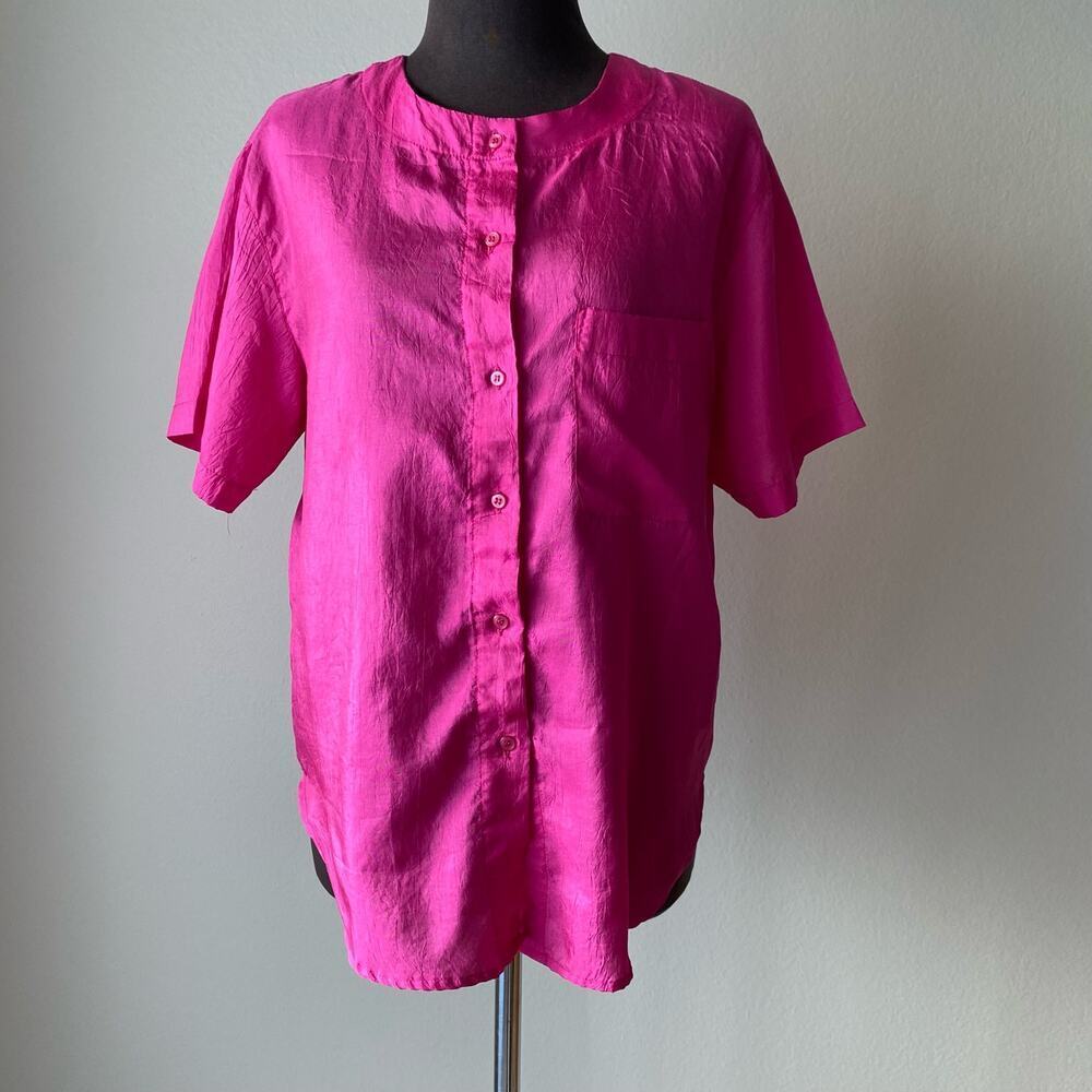 Ashleigh Morgan MobWife Office Siren Short Sleeve Button Up Top S Pink Fuchsia‎